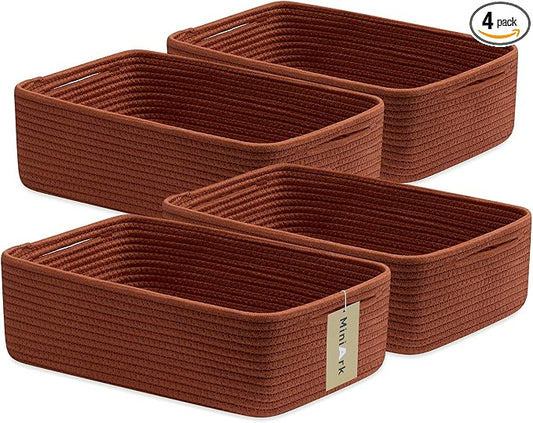 MiniArk Large Shallow Organizing Baskets 15x11x5.1 Inches - Rope Woven Storage Bins for Bathroom, Shelves, Cube Closet, Red 4 Packs by MiniArkStorageBasketsHome