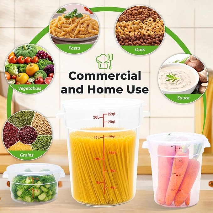 BIEAMA 4 Pack 22 Qt Round Food Storage Containers with Lids, Translucent PP | Include lids, labels, measuring cups and containers with capacity markings for food prep, pantry storage and dough proofing. - Image 7