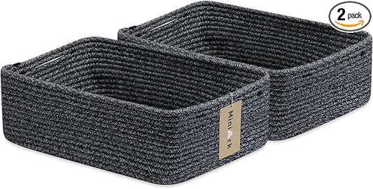 MiniArk Large Shallow Organizing Baskets 15x11x5.1 Inches - Rope Woven Storage Bins for Bathroom, Shelves, Cube Closet, Mixed Black 2 Packs by MiniArkStorageBasketsHome