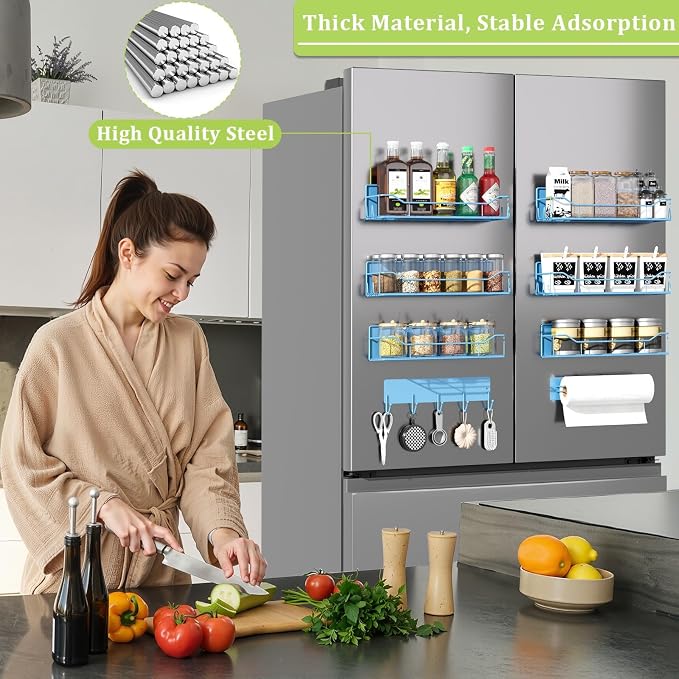 Magnetic Spice Rack for Refrigerator, 9 Pack Magnetic Fridge Shelves W/Adjustable Paper Towel Holder, Hook Rack, Moveable Spice Organizer Shelf for Kitchen Organization and Storage (Blue) - Image 6