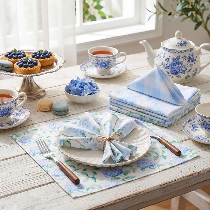 12 Pcs Floral Cloth Napkins 6 Patterns Washable Dinner Tea Party Napkins Reusable Plant Flowers Square Napkin Cotton Towel Decorative for Summer Wildflower Party(Blue Hydrangea) - Image 3