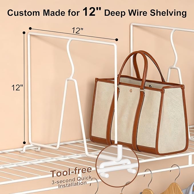 Wire Shelf Dividers for Closet: 12" Tall x 12" Deep (Taller) 6 Pack | Wire Shelves Organizer for Closet - Adjustable Purse Organizer for Clothes, Sweater, Towels Jeans - Metal Pantry Separators - Image 2