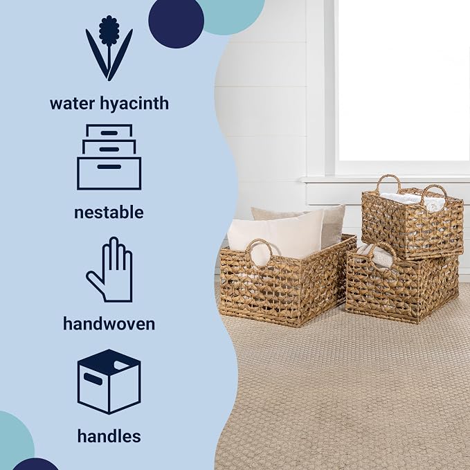happimess Quinn Storage Baskets 3-Piece Hyacinth Rectangular 18", Natural | Hand-Woven Wicker Organizers, Durable Iron Metal Frame, Integrated Handles, Bohemian Cottage Decor For Nursery - Image 3