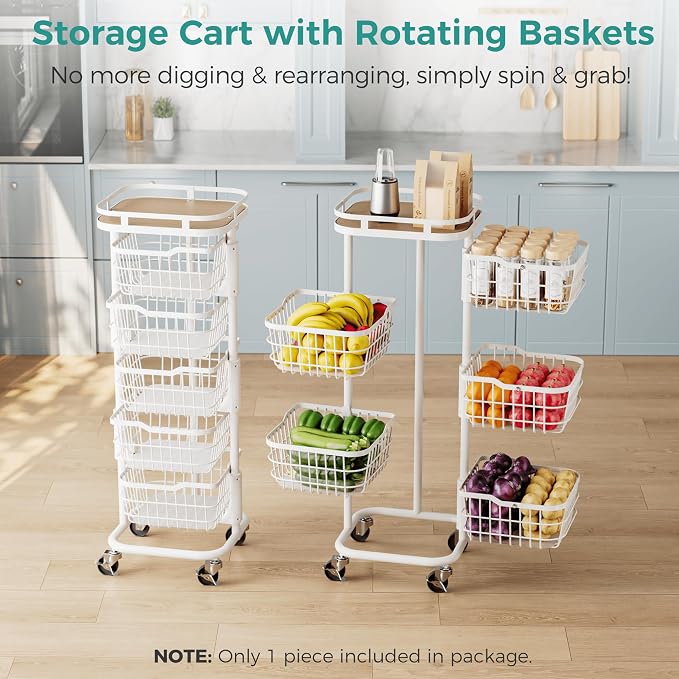 5 Tier Rotating Kitchen Storage Cart, Fruit Vegetable Potato Rack Stand | Patented Swivel Part Spin Smoothly Even Full. Rustproof. One-Piece Wire Bin Prevent Sagging. Keep Onion, Veggie, Spices Fresh - Image 2