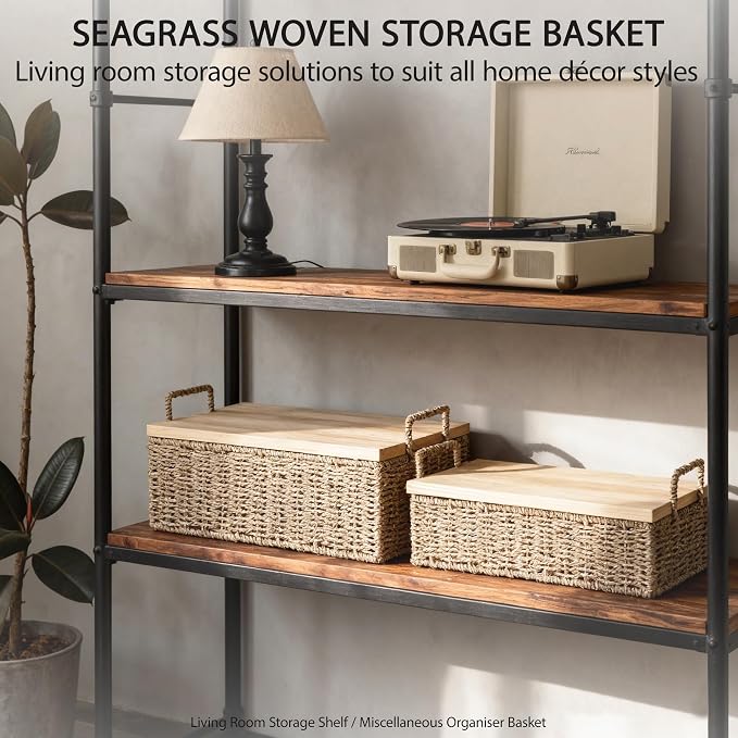 Woven Seagrass Wicker Storage Basket Set of 2 with Wooden Lids | Stackable Basket with Handles, Rectangular Decorative Basket for Shelves Home, Closet & Desktop Organization - Image 3