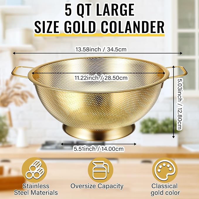 Norme 5 Quart Stainless Steel Gold Colander and 3 Pcs Gold Fine Mesh Strainer, Stainless Steel Pasta Rice Food Metal Strainer with Handles, Easy Clean and Dishwasher Safe - Image 2