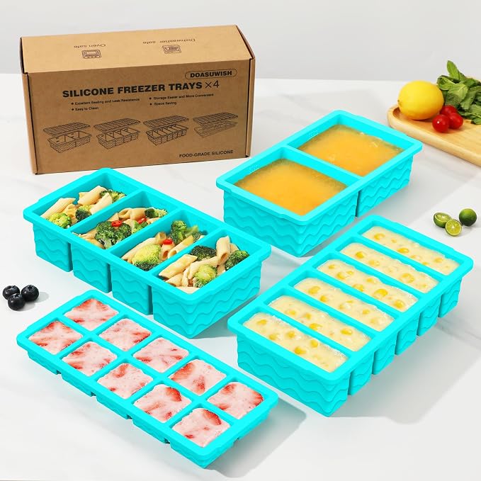 Silicone Freezer Trays with Lid (4-Pack), 1-Cup, 2-Cup, 1/2-Cup & 2-Tbsp Silicone Freezer Molds, Stackable Soup Freezer Meal Prep Containers,Ice Cube Tray for Making Sauce,Smoothies,Yogurt Bites - Image 8