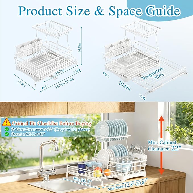 2 Tier Dish Drying Rack, Large Extendable Dish Racks for Kitchen Counter , Dishrack with Drainboard, 2-in-1 Anti-Rust Stainless Steel Dish Drainer with Utensil Holder (White, double of Dish Rack) - Image 8