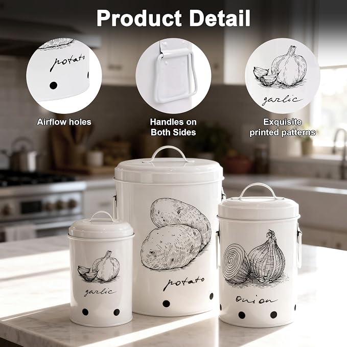 Kitchen Potato and Onion Storage Bin,Metal Vegetable Storage Bins Set of 3 with Aerating Holes and Lids,Farmhouse Canisters Sets for the Kitchen Countertop (1, Circular) - Image 3
