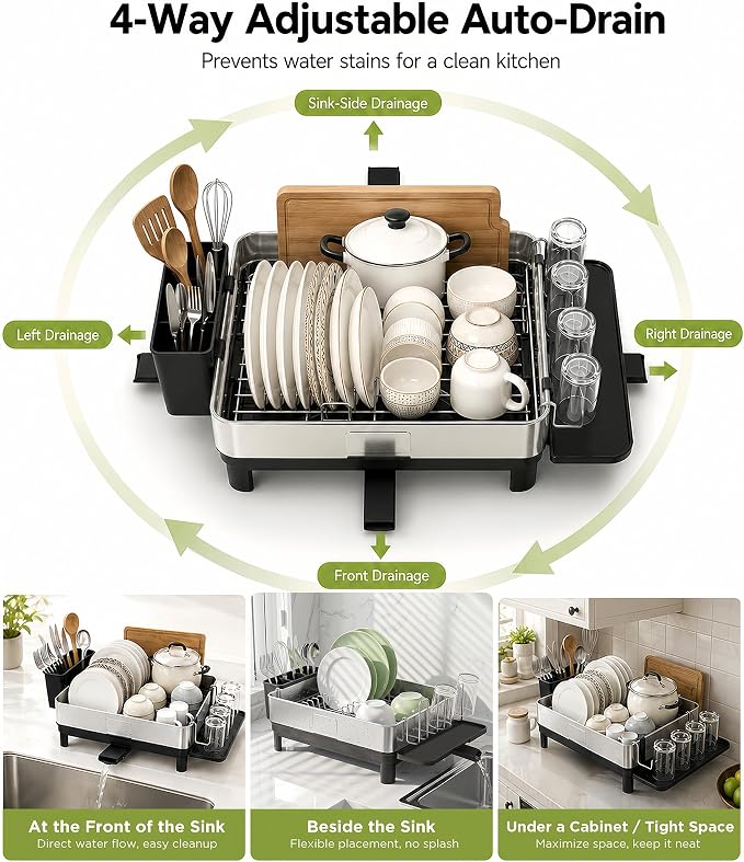 Dish Drying Rack, 17-Inch Dish Drainer for Countertop, Stainless Steel | 4-Way Adjustable Drainage Spout, Removable Cup & Chopstick Holder, Tool-Free Setup, Rustproof Utensil Holder for Kitchen Sink - Image 5