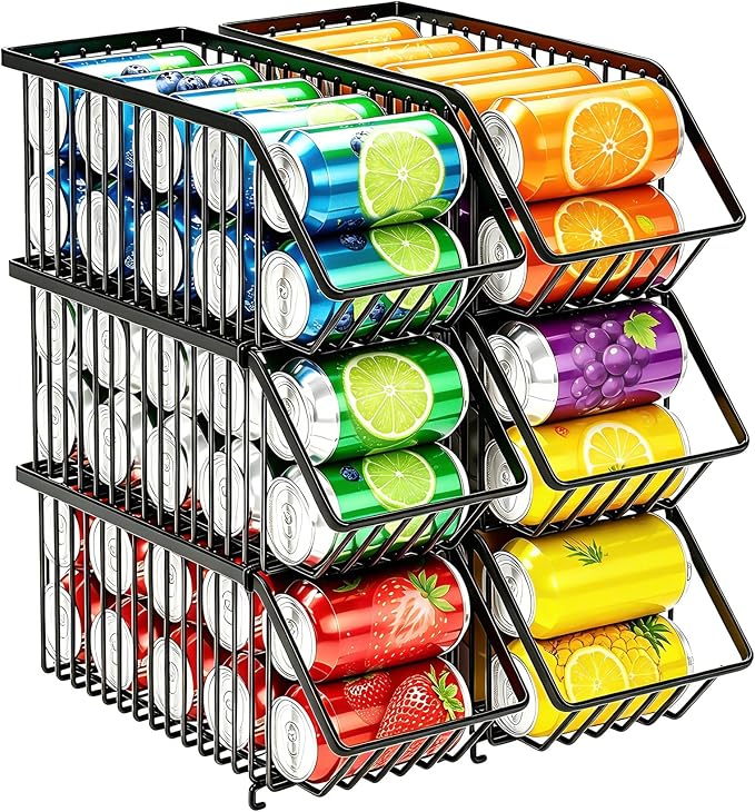 Stackable Soda Can Organizer Rack, Stacking Can Dispensers Refrigerator Organizer Bins Pop Soda Dispenser Canned For Fridge, Freezer, Kitchen, Cabinets (Black, 6) by Boeetech