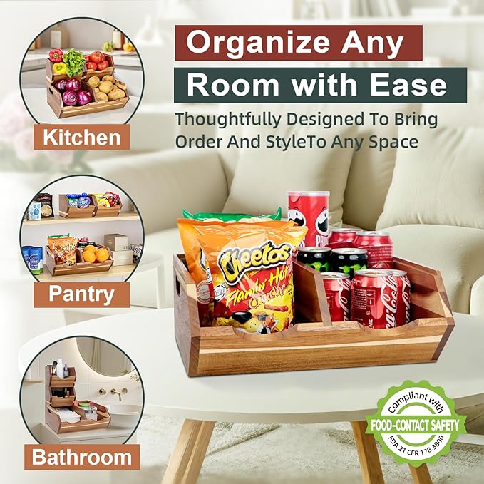 Acacia Wood Pantry Storage Bins, Stackable 3-piece set | Moisture-resistant hardwood with ventilated open front. Stores potatoes, onions, vegetables, and fruits on countertop - Image 6