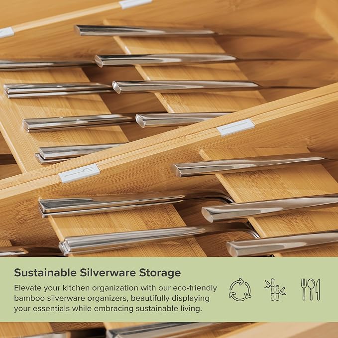 Slanted Cutlery & Flatware Organizer, 2 Pack, Bamboo | 3-compartment slanted design, labeled slots, non-slip feet, sustainable bamboo - Image 5