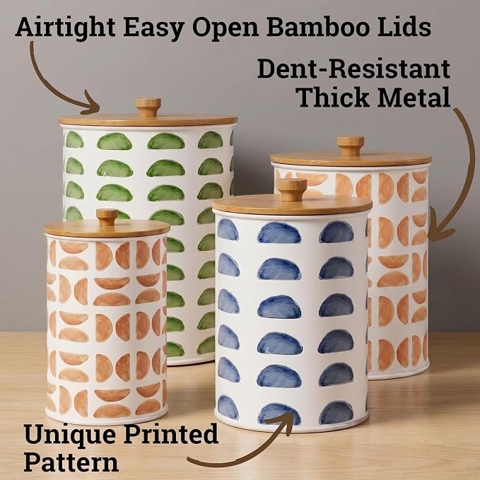 Kitchen Canisters for Countertop Set of 4, Patterned Iron w/ Airtight Lids | Airtight Easy Open Bamboo Lids - Dent-Resistant Thick Metal - Sturdy Comfortable Bamboo Handles - Unique Printed Pattern - Image 2