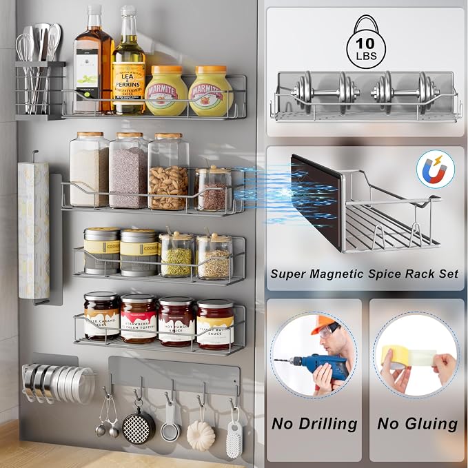 Magnetic Spice Rack for Refrigerator,8 Pack Magnetic Fridge Shelf, Moveable Spice Organizer with Hook Rack, Paper Towel Holder, Utensil Holder,cup lid holder, Super Magnetic Rack Set (Grey) - Image 3