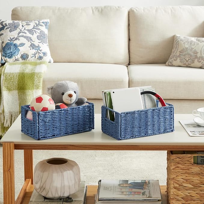 Wicker Baskets for Storage, Set of 4 Hand-Woven Wicker Storage Baskets for Shelves, Cube Storage Baskets Bins with Handles, Wicker Basket for Organizing Pantry Bedroom, Blue - Image 7