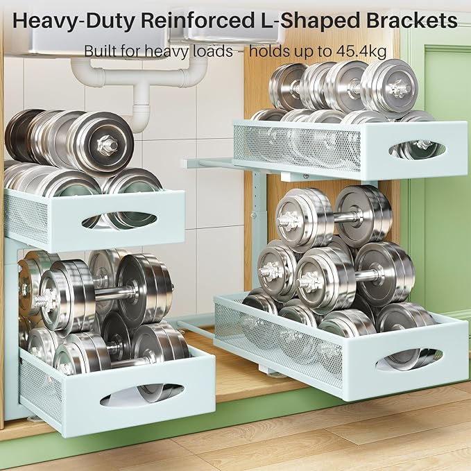 2 Pack Under Sink Organizer, 2 Tier Pull out Cabinet Organizer Mesh Baskets with 5 Adjustable Heights, Sliding Drawers Storage Shelf for Home, Kitchen, Bathroom, Pantry, Office, Countertop ,Blue - Image 5