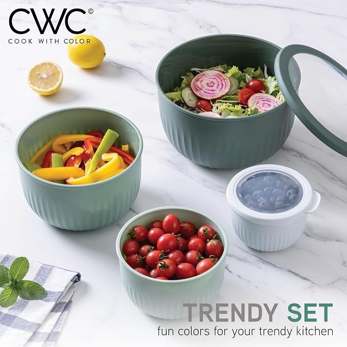 COOK WITH COLOR Prep Bowls with Lids- Wide and Deep Nesting Plastic Small Mixing Bowl Set with Lids, 8 Piece Set - Deep Bowls, Sage - Image 3