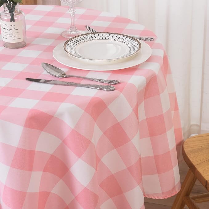 Cupuamon 2 Pack Waterproof Polyester Fabic Round Checkered Tablecloth，60 Outdoor Table Cloth，Oil Stain Prevention Table Cloth for Pinics and Parties（Pink and White） - Image 8