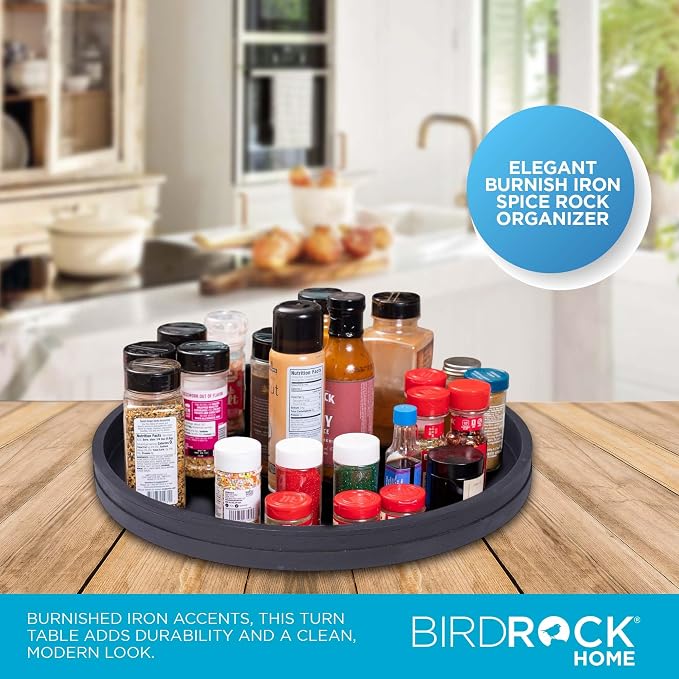 BIRDROCK HOME Wooden Lazy Susan Turntable - Spice Rack Organizer for Kitchen Table, Dining, Pantry and Countertop - Rotating Tray for Condiments - with Burnished Iron Accents - 18" Large, Matte Black - Image 4