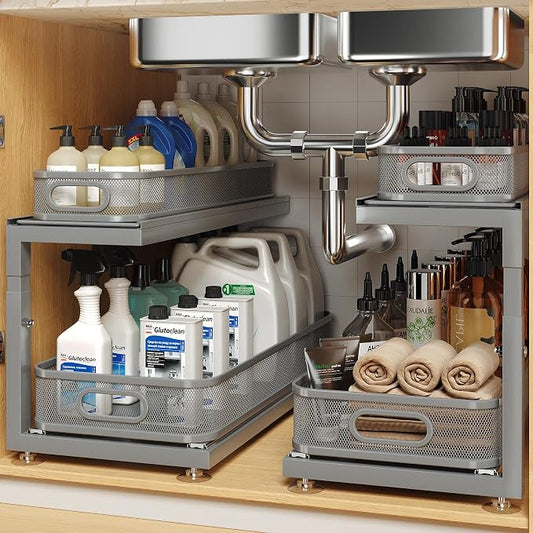 2-Pack 21.3 IN Depth Under Sink Organizer With Next-Gen Ball-Bearing Slides,Sophisticated Mesh 2-Tier Pull Out Shelf for Kitchen & Bathroom,Fits Small Items-Gun Gray by UnderSinkOrganizer