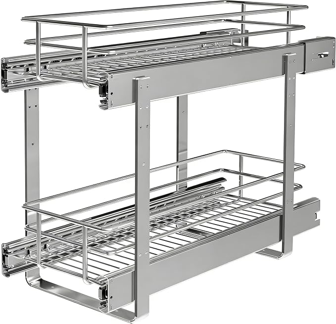 2-Tier Narrow Cabinet Pull Out Shelves, 8" W x 22" D, Chrome | Heavy-Gauge Wire Sliding Shelves, 100 lbs Limit, Ball-Bearing Glides, 3 Heights, Min 9" Opening, For Spices & Under Sink - Image 6