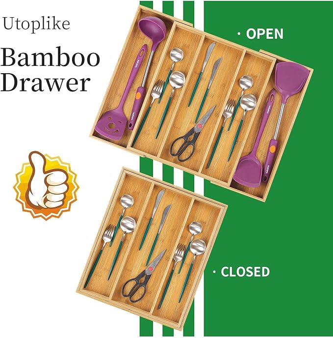 Utoplike Bamboo Expandable Kitchen Drawer Organizer and Bamboo Cutlery Tray - Image 3