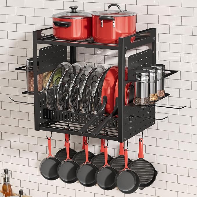 Wall Mounted 16" Pot Rack，2 Tier Kitchen Pots & Pan Organizer with 10 Hooks | Spice Rack & Pot Lid Holder, Heavy Duty Steel Pot and Pan Hanger for Kitchen Cookware Utensils Storage by FREEXPLOYER