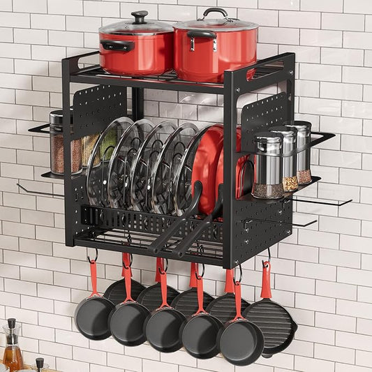 Wall Mounted 16" Pot Rack，2 Tier Kitchen Pots & Pan Organizer with 10 Hooks | Spice Rack & Pot Lid Holder, Heavy Duty Steel Pot and Pan Hanger for Kitchen Cookware Utensils Storage by FREEXPLOYER