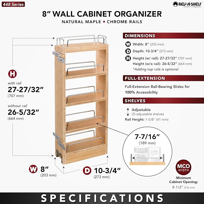 Rev-A-Shelf 8" Pullout Storage Organizer for Wall Kitchen Cabinets, Sliding Adjustable Shelves for Spice Rack or Cans, Wood and Chrome, 448-WC-8C - Image 3
