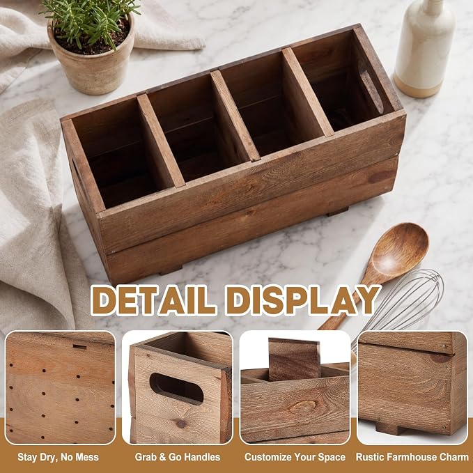 Chumia Extra Large Wooden Kitchen Utensil Holder Organizer for Counter Countertop, Farmhouse Rustic Utensil Holder Container for Storage Cooking Spoons Silverware Tools with 4 Compartments - Image 3