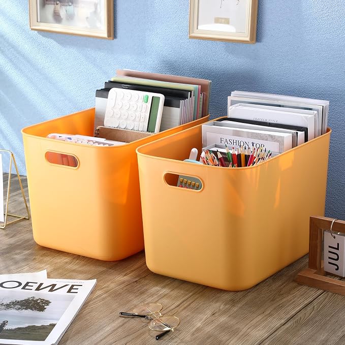 8 Pieces Colorful Storage Bins with Lid, Plastic Storage Basket Organizing Container Stackable Box with Handle for Shelves Desktop Playroom Office(14.2 x 10.2 x 9.5 Inch,Yellow) - Image 4