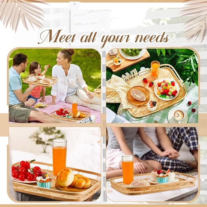 FillTouch 6 Pcs Bamboo Wicker Serving Trays 16.93 x 13 x 1.57 Inch Hand Woven Lap Trays for Eating Rectangular Flat Baskets Trays Decorative Bedroom Bed Tray for Eating Dinner Tray Fruit Snack Holder - Image 6
