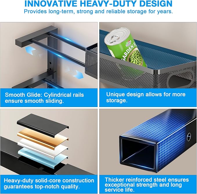 Under Sink Organizer,3-Tier Thickened Metal Pull out Cabinet OrganizerShelf | Height Adjustable Slide out Storage Drawer Rack for under sink organizer bathroom Kitchen,Laundry Room & Pantry - Image 4