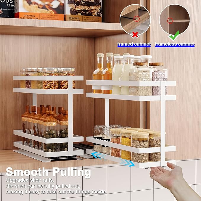 Mustorn Pull Out Spice Rack Organizer for Cabinet, 2 Tier Metal Slide Out Seasoning Organizer and Storage Heavy Duty Vertical Spice Rack Shelf Pullout for Kitchen Cabinets No Drilling(1 Pack, White) - Image 4