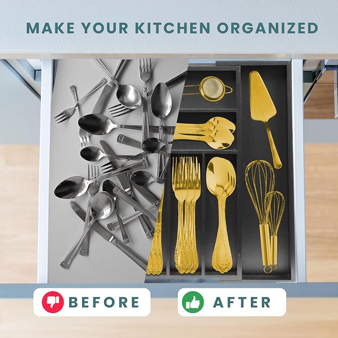 Sben Expandable Drawer Organizer for Utensils Holder, Adjustable Cutlery Tray, 6-8 Slots, Premium Wood Drawer Dividers Organizer for Silverware, Flatware, Knives for Kitchen (Black) - Image 5