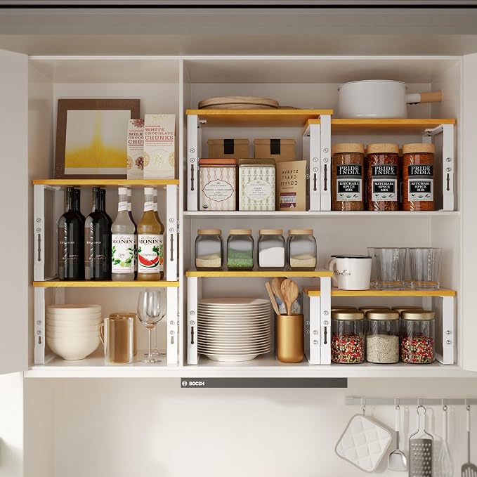Adjustable Storage Shelves for Kitchen Cabinet Organization - Set of 2 Stackable Metal & Solid Wood Racks, Space-Saving Design for Countertop/Pantry/Garage, Easy Assembly(1 Pack/Medium/White) - Image 5
