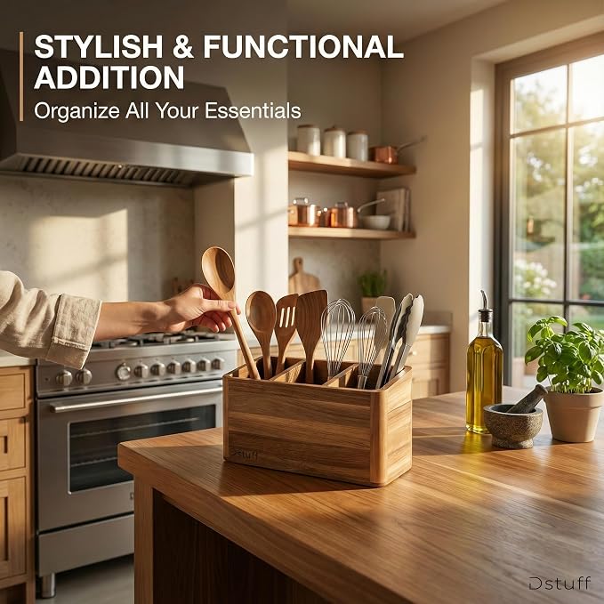 Dstuff Large Kitchen Utensil Holder Organizer for Counter or Countertop, Large Wooden Utensil Holder for Storage Cooking and Silverware with 3 Compartment, Acacia Rustic Wood Container Extra Large - Image 7