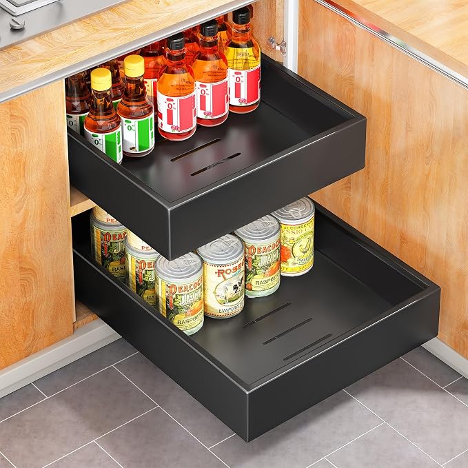 Pull out Cabinet Organizer, 21"Deep, 11.8"Wide Full-Extension Heavy Duty Slide out Drawers with Nano Adhesive, Roll Out Shelves Sliding Cabinet for Kitchen, Bathroom, Pantry,Under Sink Storage(Black) by Kitstorack