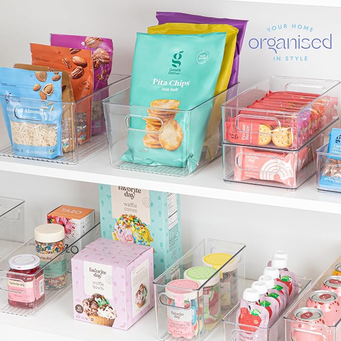 Plastic Food Storage 4 Pack Clear Container Bin with Handles for Organizing Kitchen, Pantry, Refrigerator, Freezer, Pantry, Cabinet, Closet, Bathroom. Stackable 10”x6”x3” - Image 7