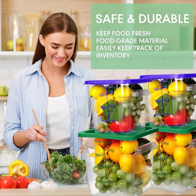 Lallisa 4 Pcs 8qt & 4qt Clear Food Storage Containers with Lids Handles and Scales, Stackable Plastic Square Food Storage Containers for Dough Proofing Baking Kitchen Restaurant(Blue, Green) - Image 5