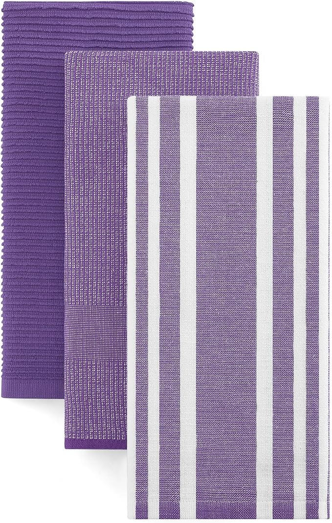 Homaxy Cotton 380 GSM Premium Kitchen Towels, 18"x 28", 3 Pack, Purple | Soft and Absorbent Terry Dish Towels, Multipurpose Tea Towel Set with Hanging Loop, 3 Styles Kitchen Hand Towels by Homaxy