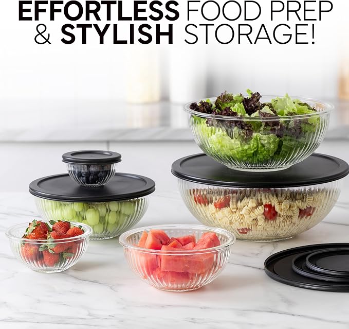 COOK WITH COLOR 12 Pc Glass Mixing Bowl Set with Lids – Borosilicate Glass Nesting Bowls for Cooking, Baking and Meal Prep, Fluted Black - Image 4