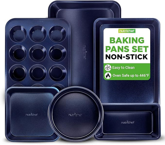 NutriChef 6-Piece Nonstick Baking Pans - Carbon Steel Non toxic Bakeware set with Cookie Sheets, Muffin, Loaf, Round & Square Pan - Restaurant Quality Baking Tray, Easy Clean, Dishwasher & Oven Safe by NutriChef%E2%84%A2Kitchen