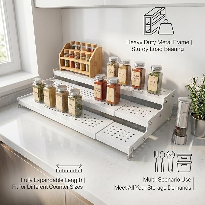 Expandable 3-Tier Spice Metal Shelf Rack, White, 2 Packs | Kitchen Cabinet and Pantry Organizer, Seasoning Storage, Countertop Organization - Image 6
