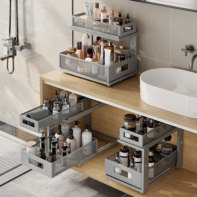 1 Pack 15.74IN-Depth Under Sink Organizer With Next-Gen Ball-Bearing Slides,2-Tier Pull Out Cabinet Storage,Height Adjustable Drawer Shelf for Bathroom,Kitchen,Laundry,Cabinet,Pantry-Gun Gray - Image 7