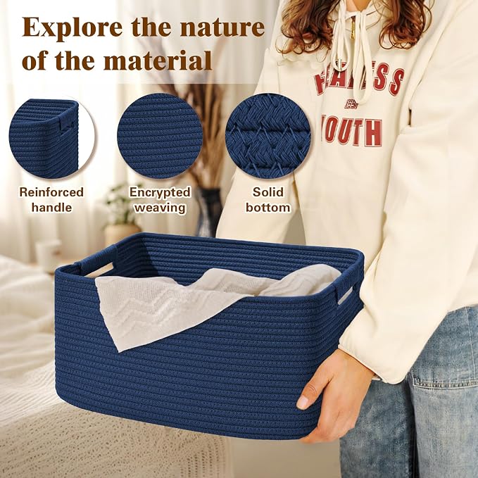 4 Pack Large Storage Basket for Organizing, 17.5"x13"x7" Woven Basket for Shelves, Closet Cube Storage Bins with Wrapped Handle, Cotton Rope Baskets for Kitchen, Clothes, Toys(Navy Blue) - Image 4