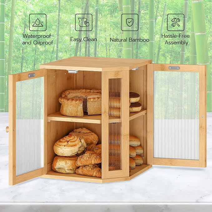 HOOBRO Bread Box, Bamboo Bread Box for Kitchen Countertop, 2-Tier Corner Bread Box, Large Capacity Bread Bin, Food Storage Box, Bread Storage Container for Kitchen, Dining Room, Natural YL12MB01 - Image 4