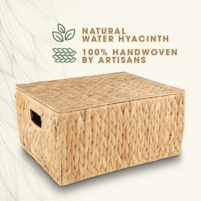 Set of 3 Wicker Baskets with Lid - Woven Storage Basket with Lid - Decorative Storage Boxes for Bathroom, Bedroom and Shelves - Image 6