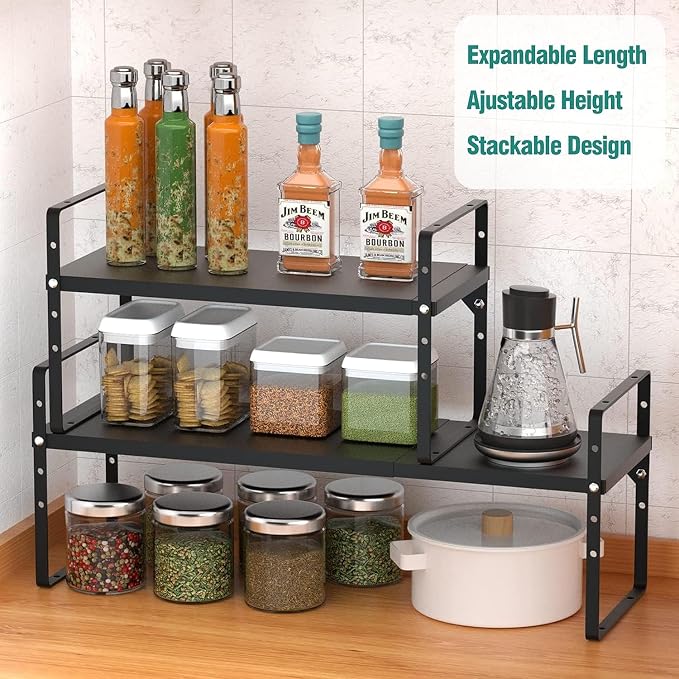 SUZLON Expandable Cabinet Shelf Organizer Rack, Stackable Kitchen Counter Storage Shelves Stand, Adjustable Height Pantry Shelf Spice Rack, Heavy Duty Nonslip Black Small 3Pack - Image 3